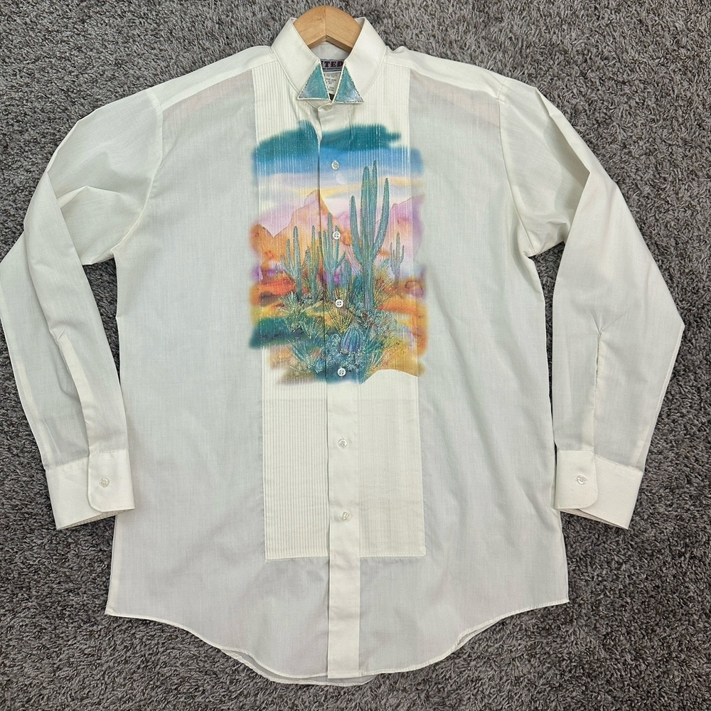 Vintage Western Shirt Med 32/33‎ Hand Painted Cactus Pintucked Band Collar 70s